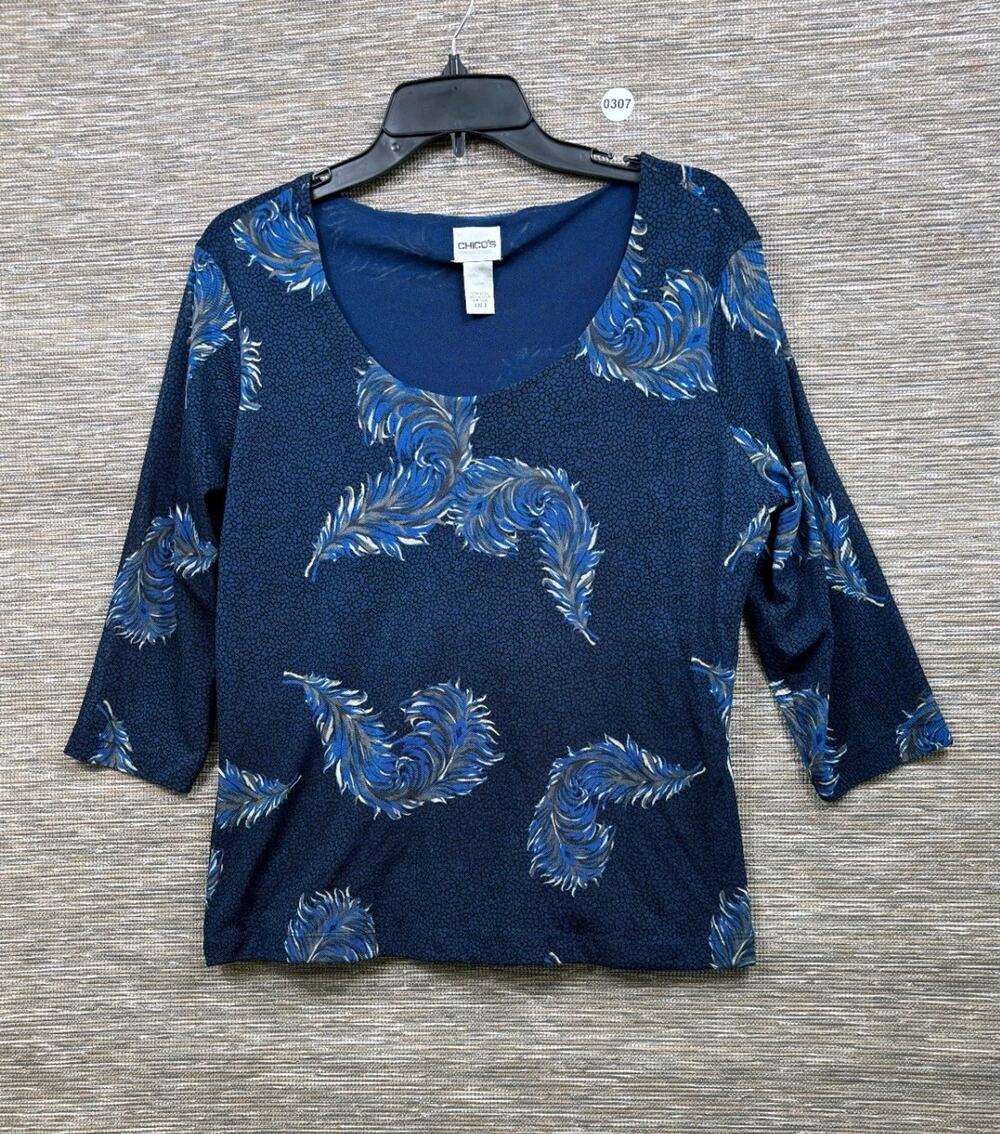 Chico's Top Women’s Size 3 US XL Navy Leaves Print 3/4 Sleeve Pullover